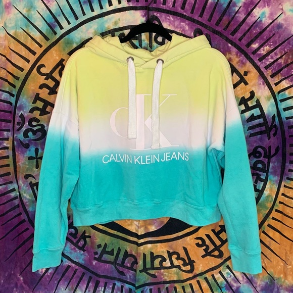 Calvin Klein Sweaters - Calvin Klein Jeans Ombre Crop Hoodie 60% Cotton Size S Green/Teal/White